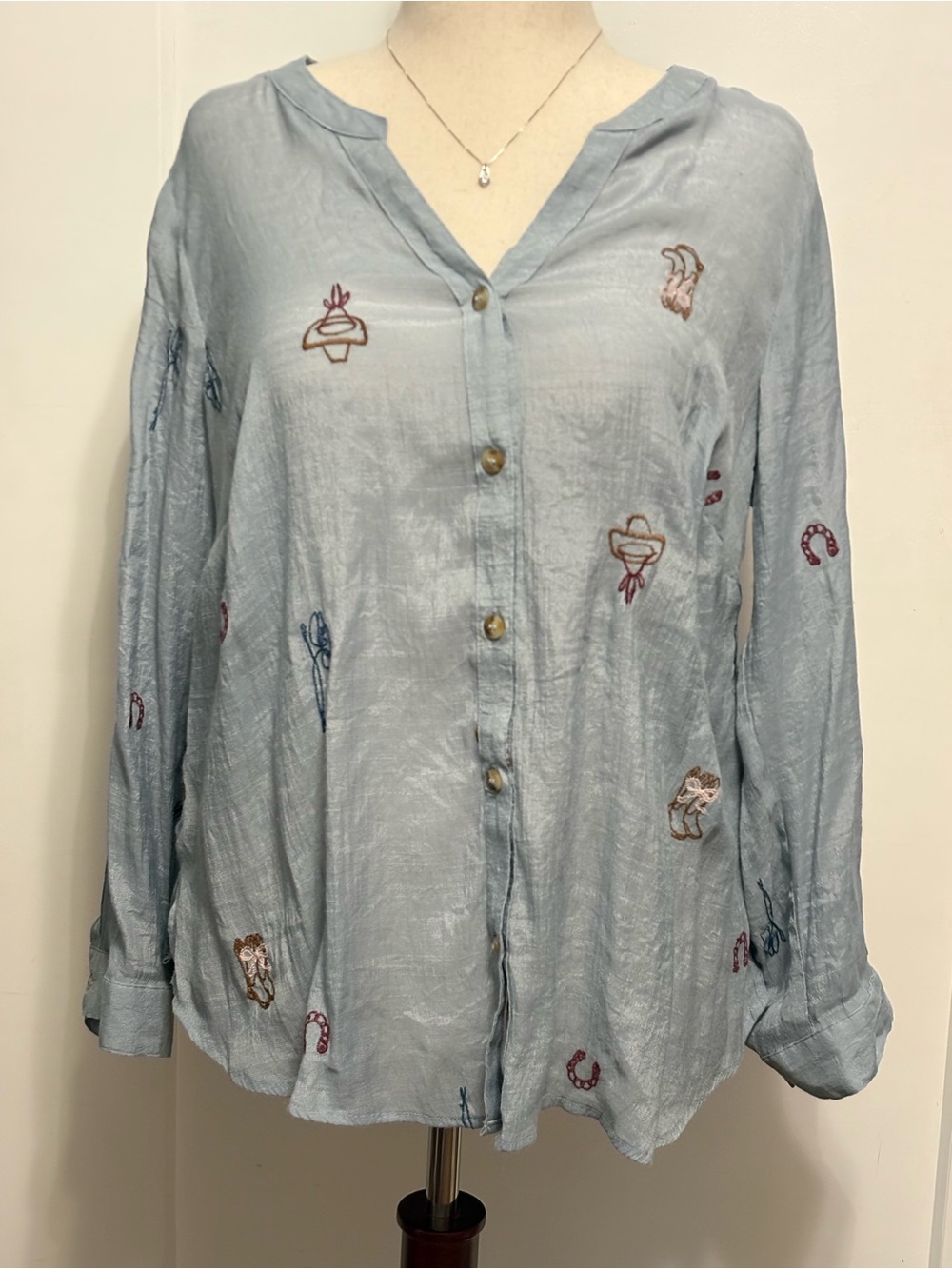 Figueroa & Flower Blue Embroidered Western Cowboy Boot Blouse Shirt 1X
